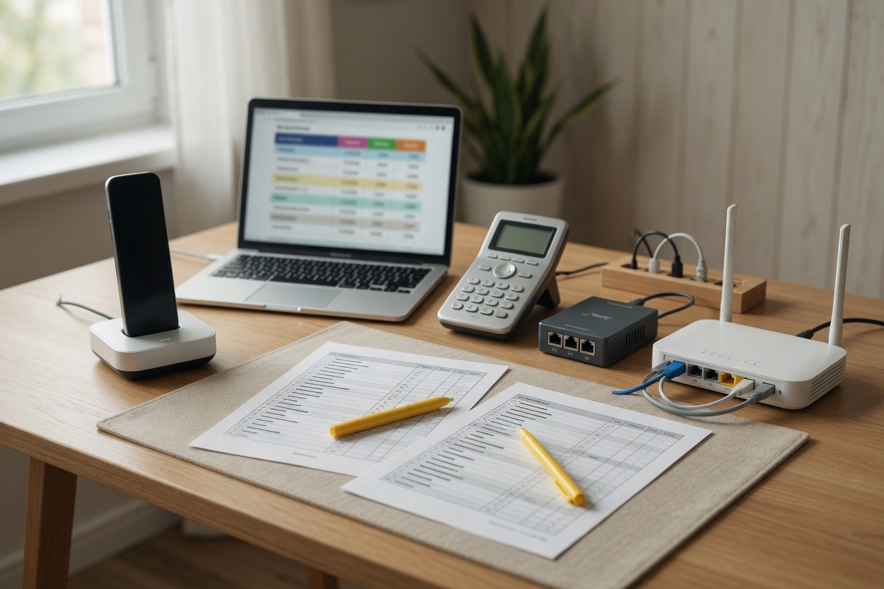 Photorealistic top-down flat lay on a light wooden table about choosing a home telephony