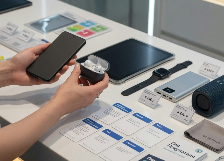 Покупатель на прилавке техномагазина сравнивает смартфон и наушники, рядом планшет, смарт-часы, пауэрбанк и колонка;