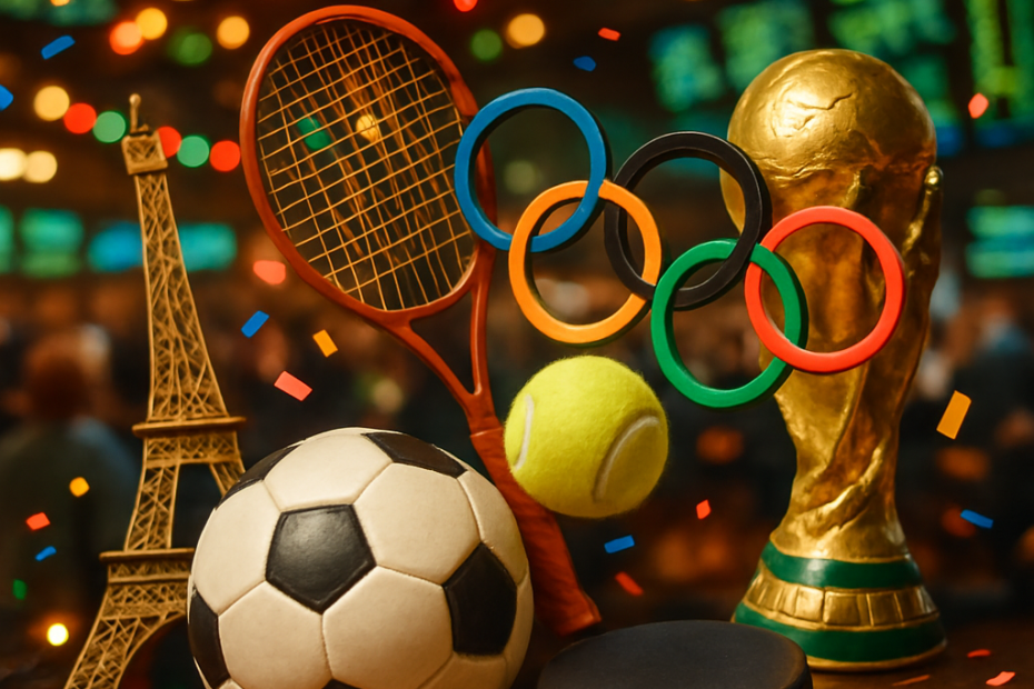 Collage of seasonal sports betting elements, showcasing the excitement of holidays and major tournaments.