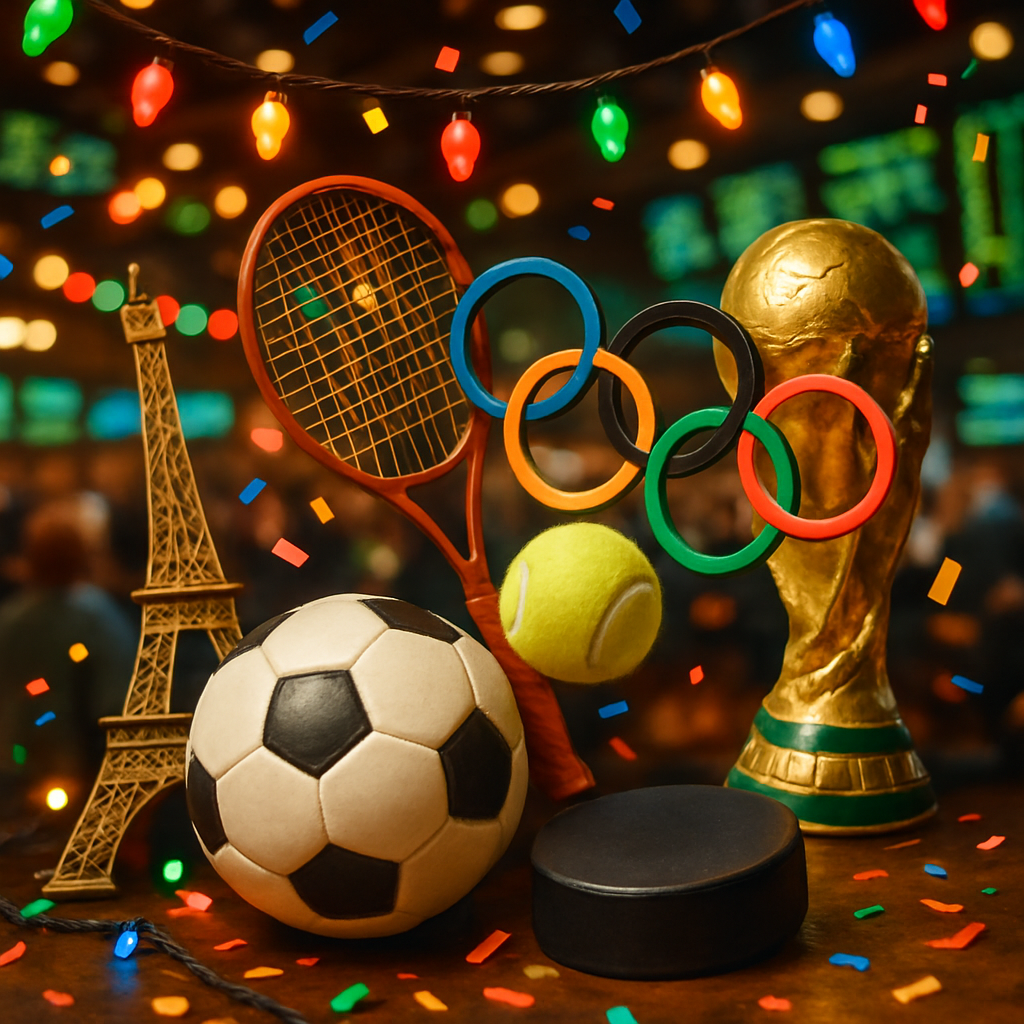 Collage of seasonal sports betting elements, showcasing the excitement of holidays and major tournaments.