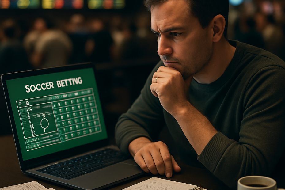 A lone soccer bettor focusing on statistics at a table, representing the importance of