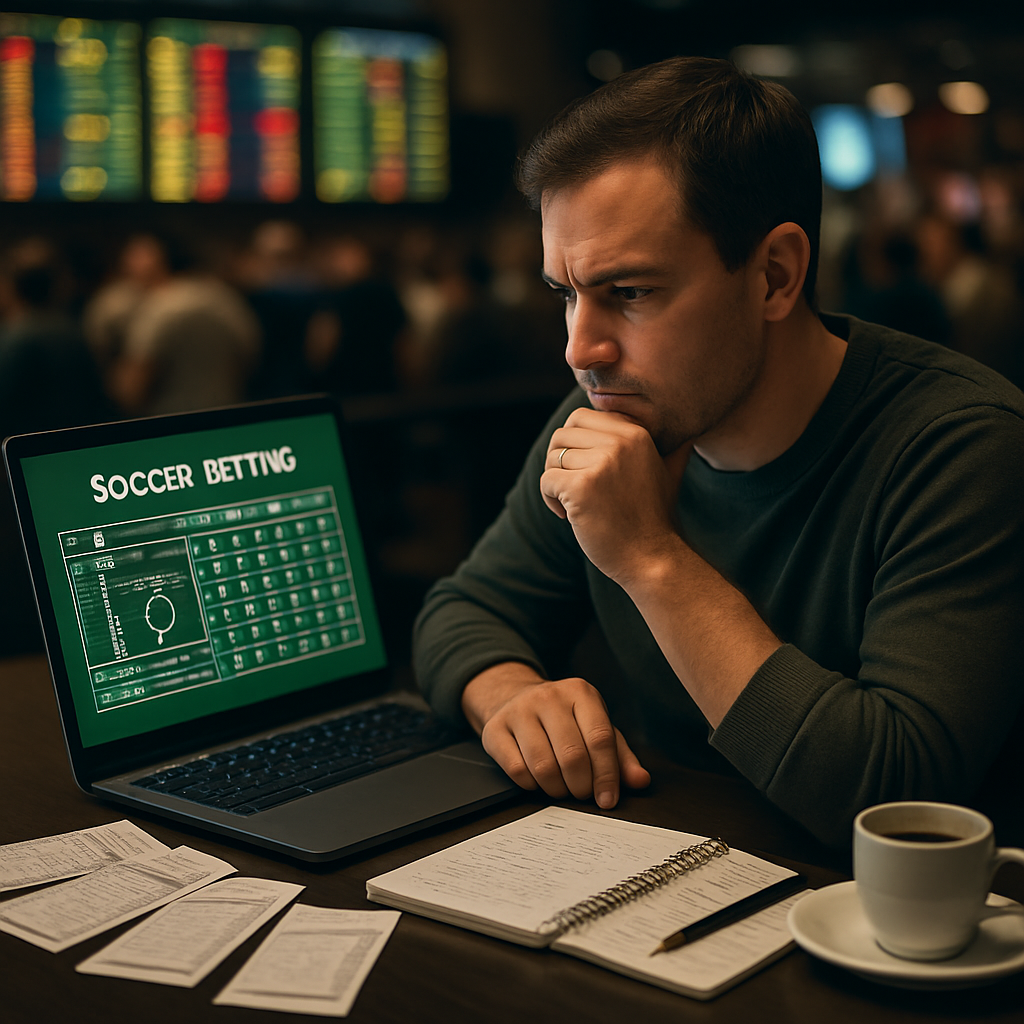 A lone soccer bettor focusing on statistics at a table, representing the importance of