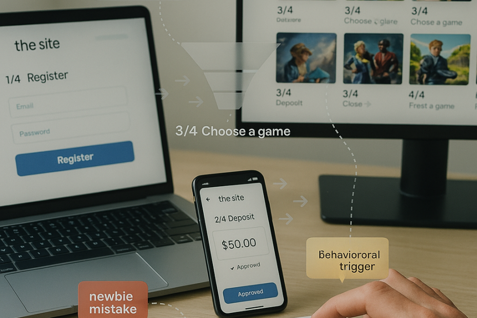 Top-down, photoreal flat-lay of a tidy workstation showing the new user flow for the