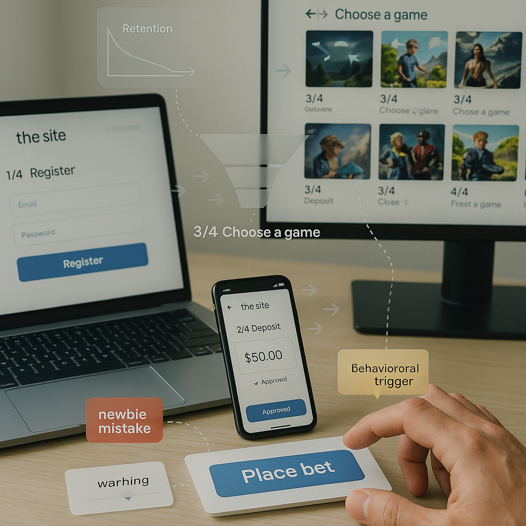 Top-down, photoreal flat-lay of a tidy workstation showing the new user flow for the