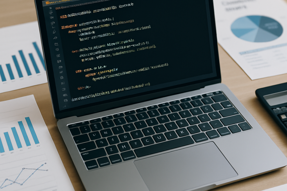 An organized workspace featuring a laptop with financial code and documents, representing automation in
