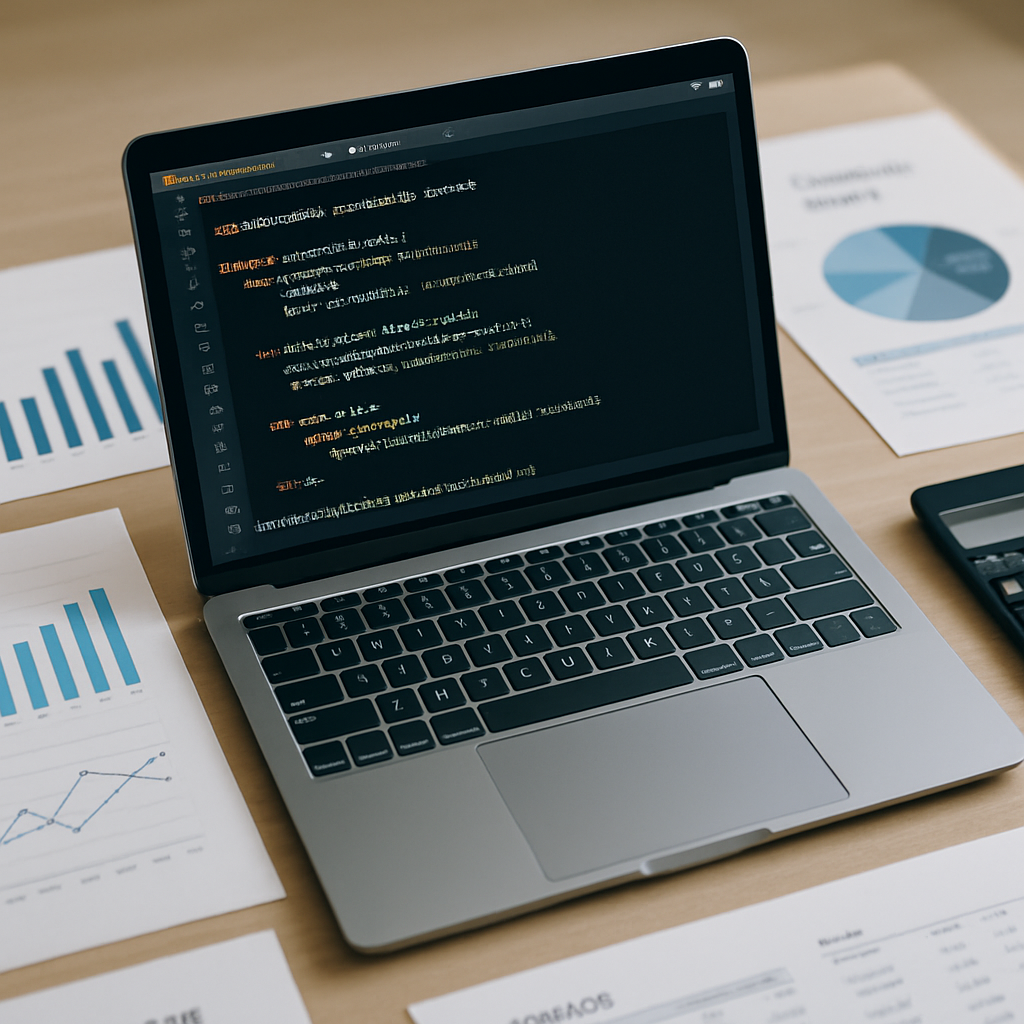An organized workspace featuring a laptop with financial code and documents, representing automation in